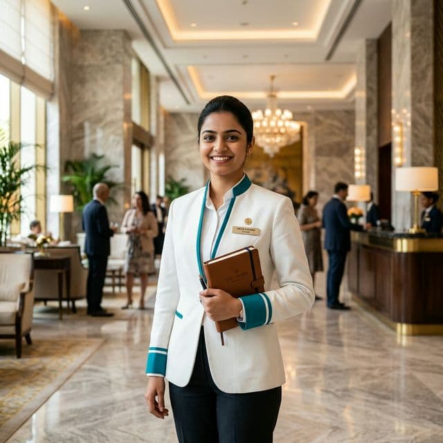Hospitality intern welcoming guests in a hotel lobby